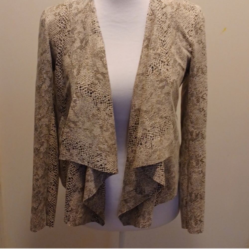 blank NYC open front draped jacket faux leather suede snake print